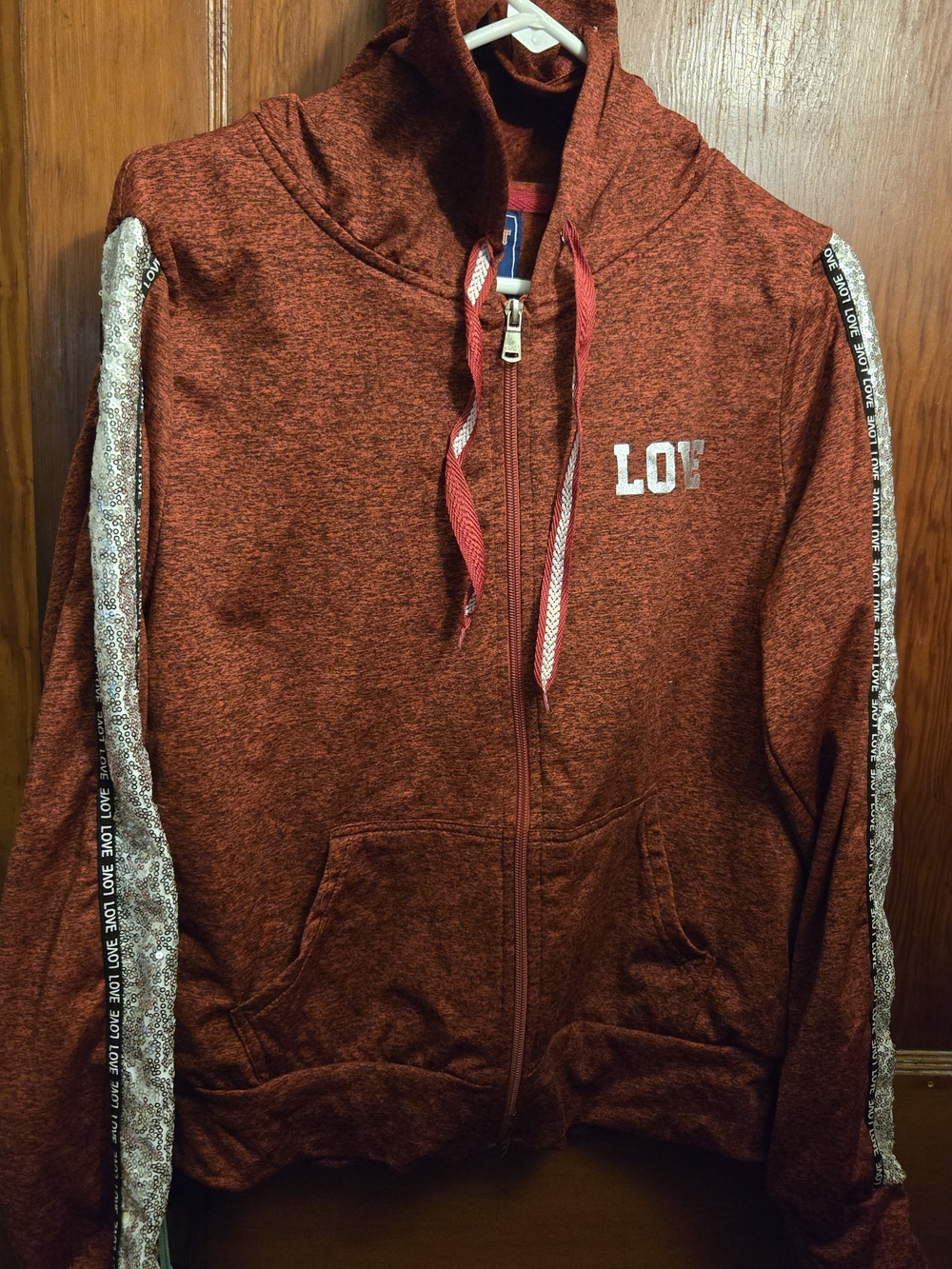 Women's Rust Red 'Love' Zip-Up Hoodie with Sequin Stripe